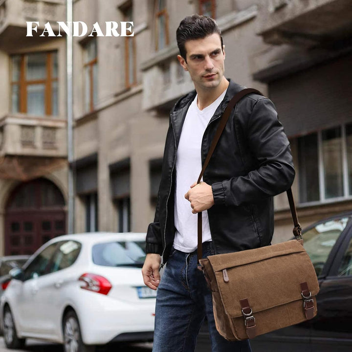 FANDARE Retro Umhängetasche Herren Segeltuch Arbeitstasche Messenger Bag Schultertasche passen 12,9-