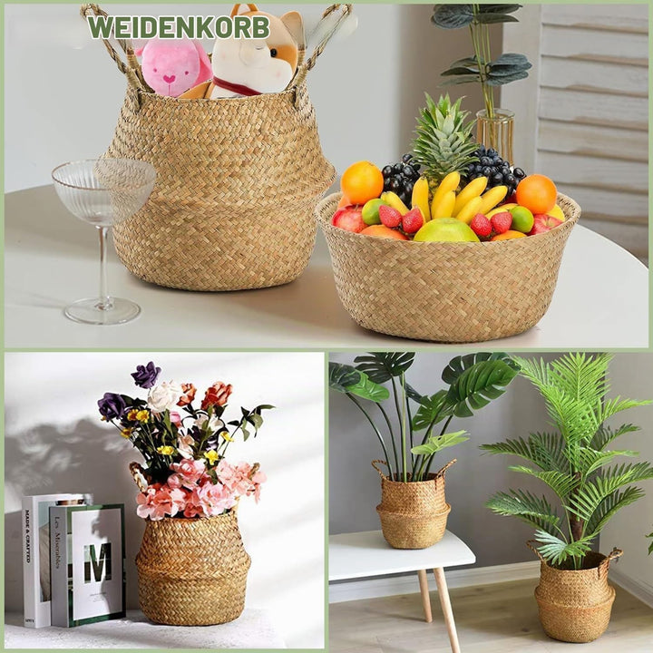 2 Stück Seegras Korb, Rund Wäschekorb mit Henkel, Gewebt Körbchen Übertopf Bastkorb, Blumentopf Körb