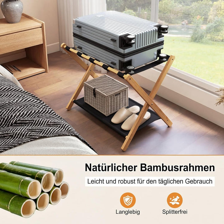 GYMAX Bambus Kofferständer 2er-Set, klappbare Gepäckablage mit Ablage &amp; 5 Nylonschnallen, Gepäckträg