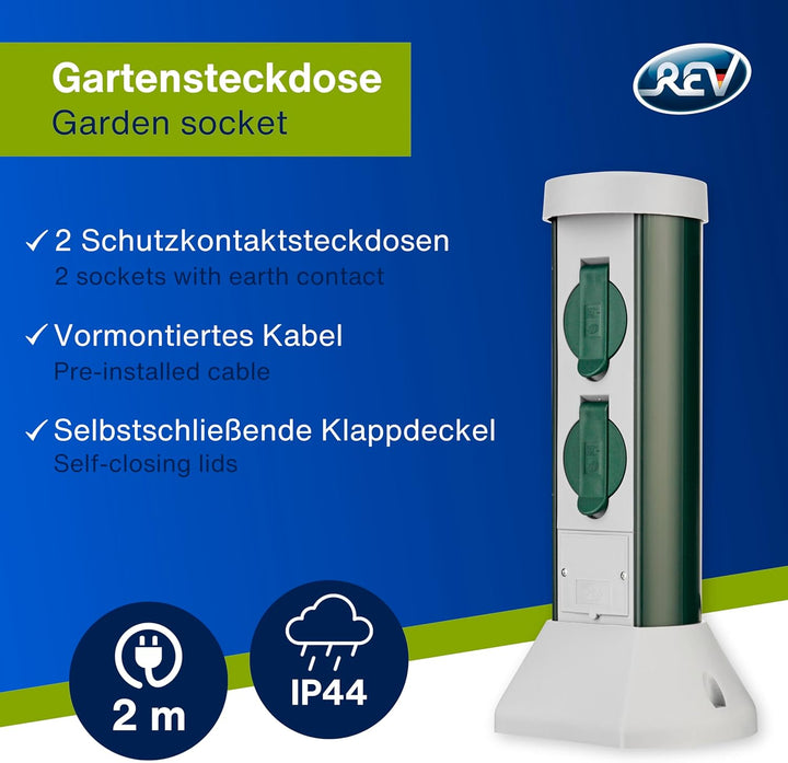REV 0068200021 GreenCraft, Garten Steckdosen, H37cm, Kabel 2m, 2fach, IP44, 3500W, grün, 37,5 x 18,1