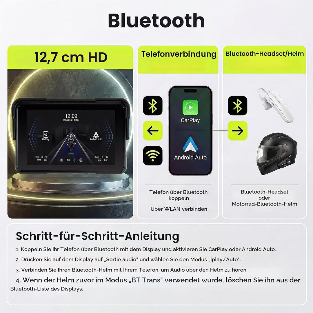 Rimoody 5 Zoll Motorrad Navigator mit Wireless CarPlay &amp; Android Auto - IP68 Wasserdichter Moto GPS