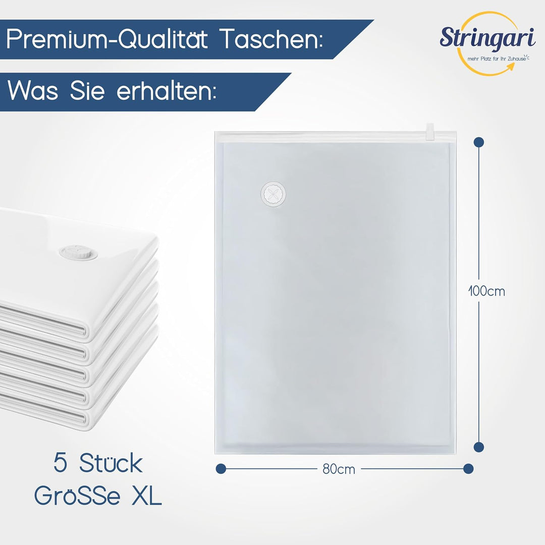Stringari Vakuumbeutel für Kleidung Staubsauger 5er Set XL 100x80 – Vakuumbeutel für Bettdecken von