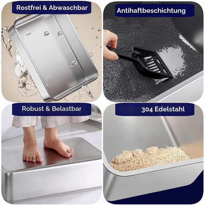 Edelstahl Katzentoilette 2er Set mit hohem Rand | geruchsneutral &amp; leicht zu reinigen | rutschfeste