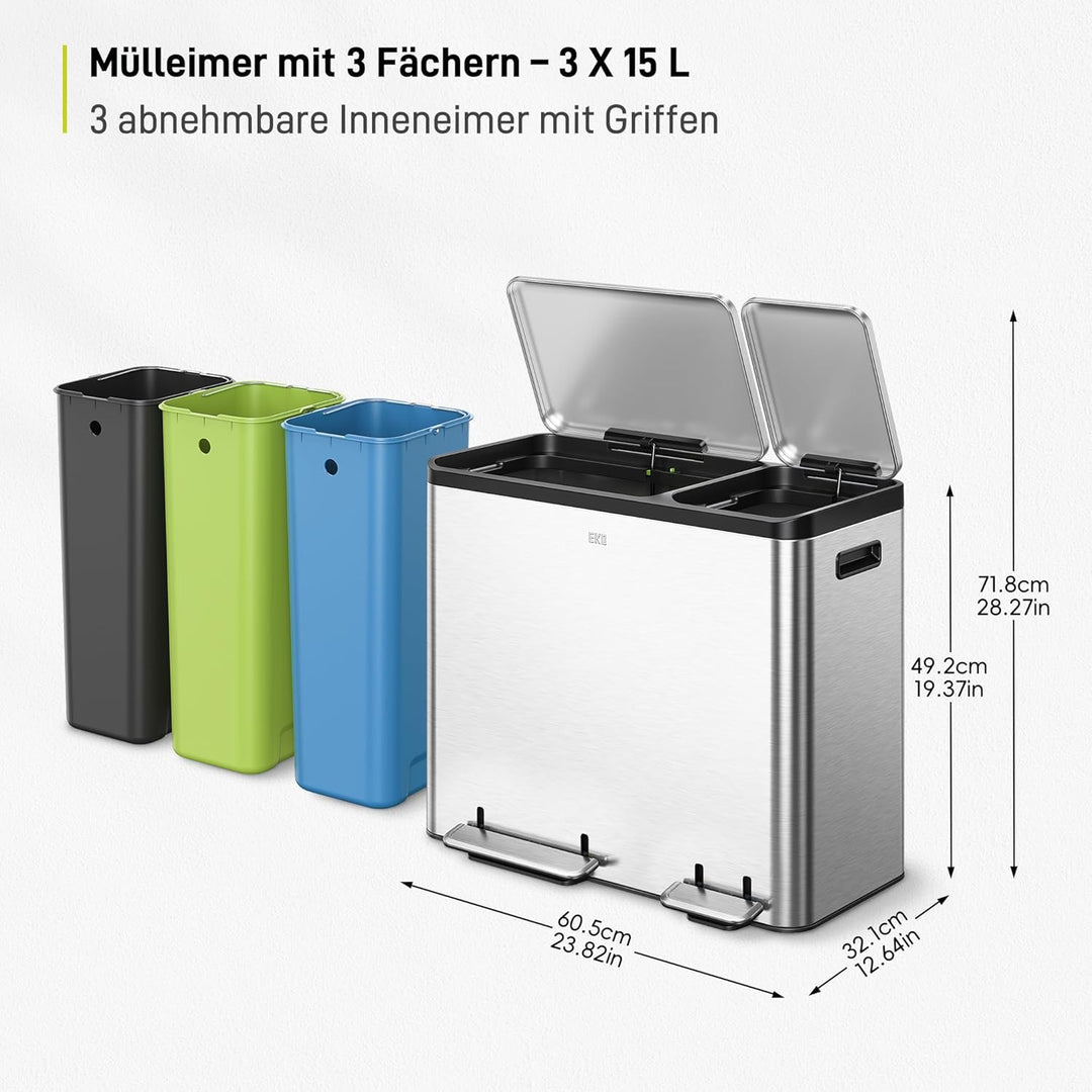 EKO Ecocasa Mülleimer Küche 3 Fächer, 3 x 15 Liter, Abfalleimer mit farbcodierbaren Inneneimern, Tre
