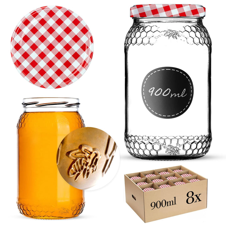 KADAX 8er Set Einmachgläser 900ml TO82 Rot kariert, Grosse Sturzgläser mit Schraubdeckel, Einkochglä