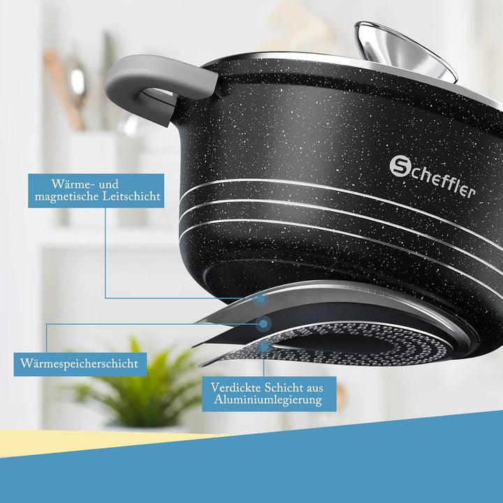 Scheffler Topfset mit Glasdeckel, 28cm,6L/32cm,10L, /36cm,14L, Kochtopf Set Induktions Töpfe Set, mi