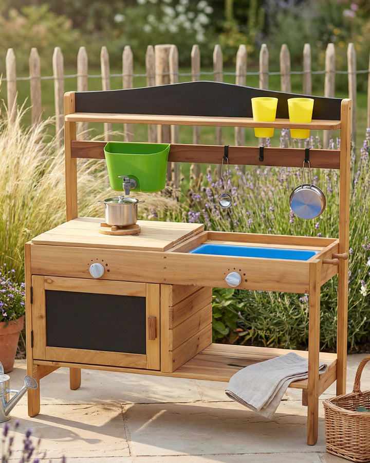 FRIEDO Matschküche Kinder Outdoor mit Schutzlasur I Inkl. Ofen und Zubehör wie 1,2 L Wasserspender,
