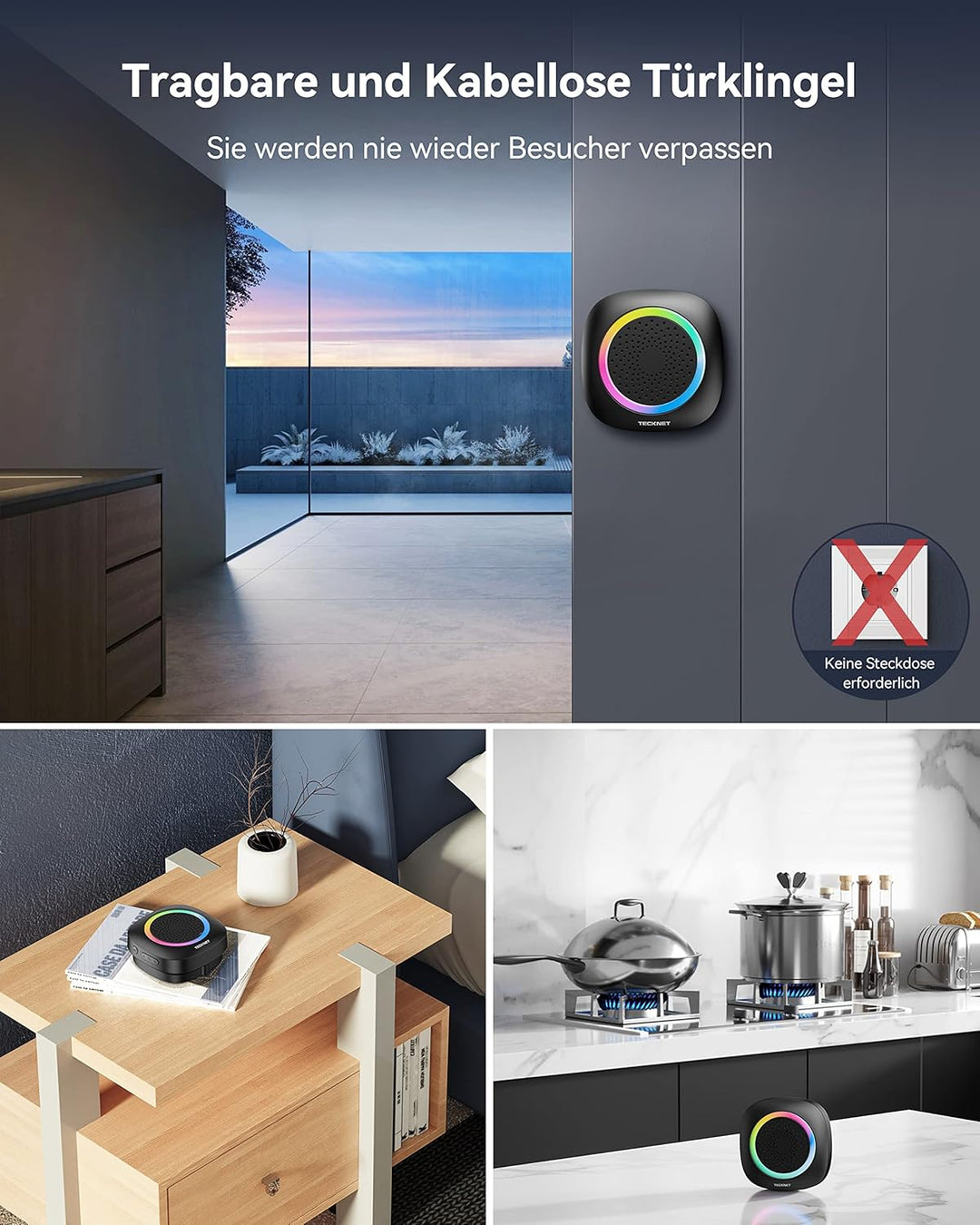 TECKNET Funkklingel, Funkklingel Aussen Wasserdicht 2 Empfänger Mit RGB Licht, 60 Melodien, IP66 Fun