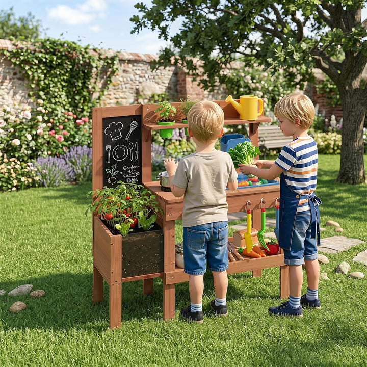 HOMASIS Spielküche Outdoor, Matschküche mit Herden, Spülbecken, Wasserhahn &amp; Wassertank, Holzküche m
