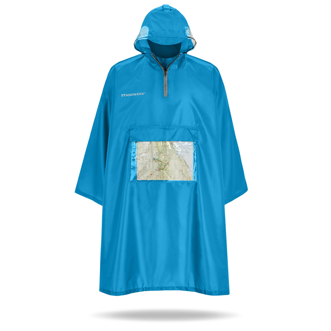 STANDWERK Regenponcho mit einzigartiger Navigationstasche und Sichtfenster fürs Wandern - Regencape