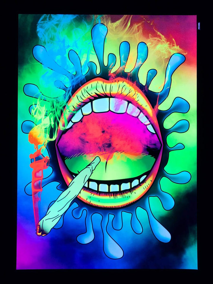 PSYWORK Schwarzlicht Stoffposter Neon | Happy Joint | 1,0 x 1,4m | UV-aktiv | fluoreszierend | Wandb