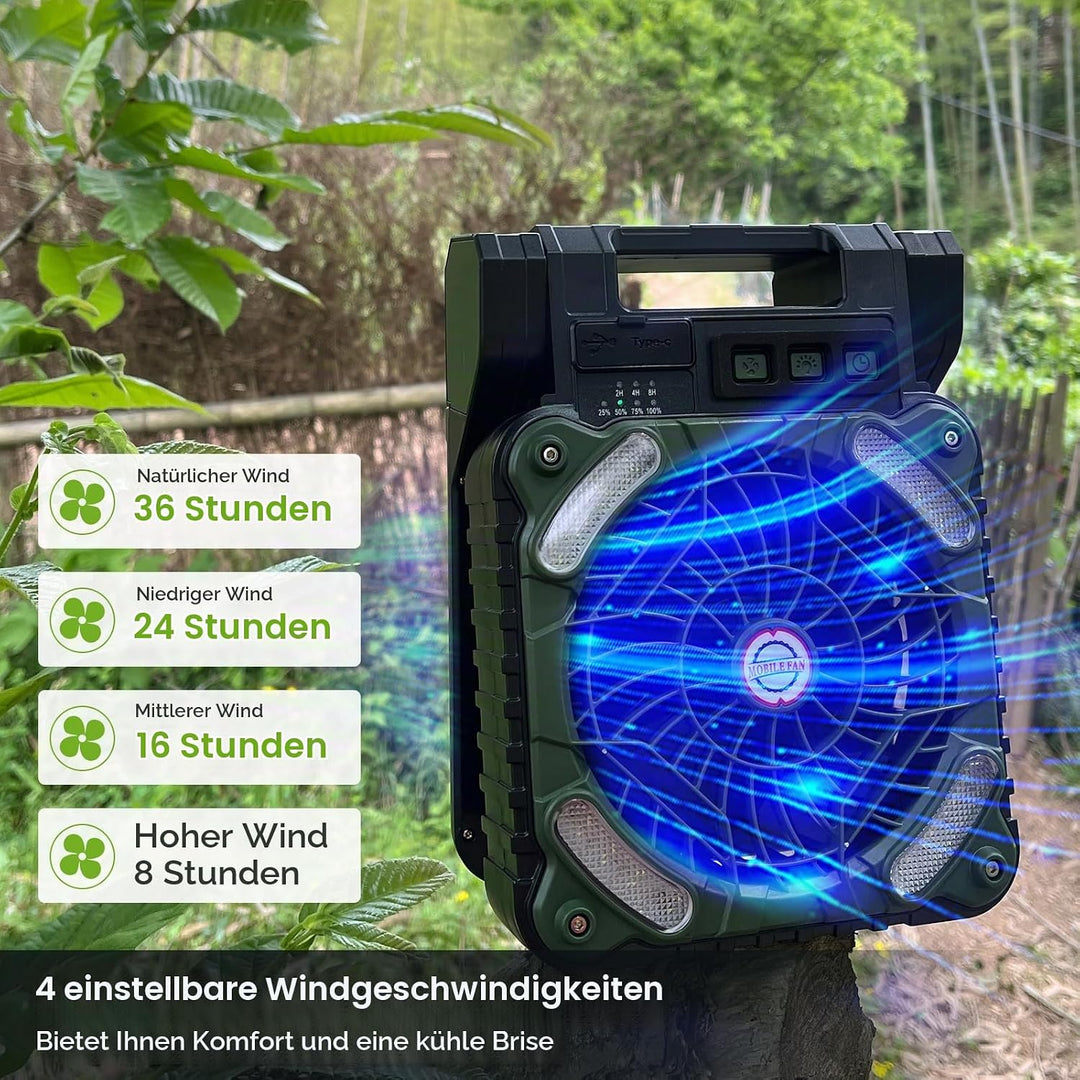 GY Solar Camping Ventilator mit LED-Licht &amp; 10400mAh Akku – 4 in 1 Tragbarer Tischventilator, 4 Gesc