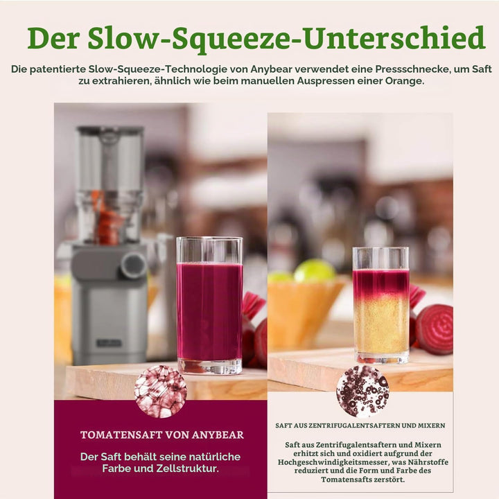 Anybear Entsafter 200W Slow Juicer mit 110 mm grossem Einfüllschacht für ganze Früchte/Gemüse | Upgr