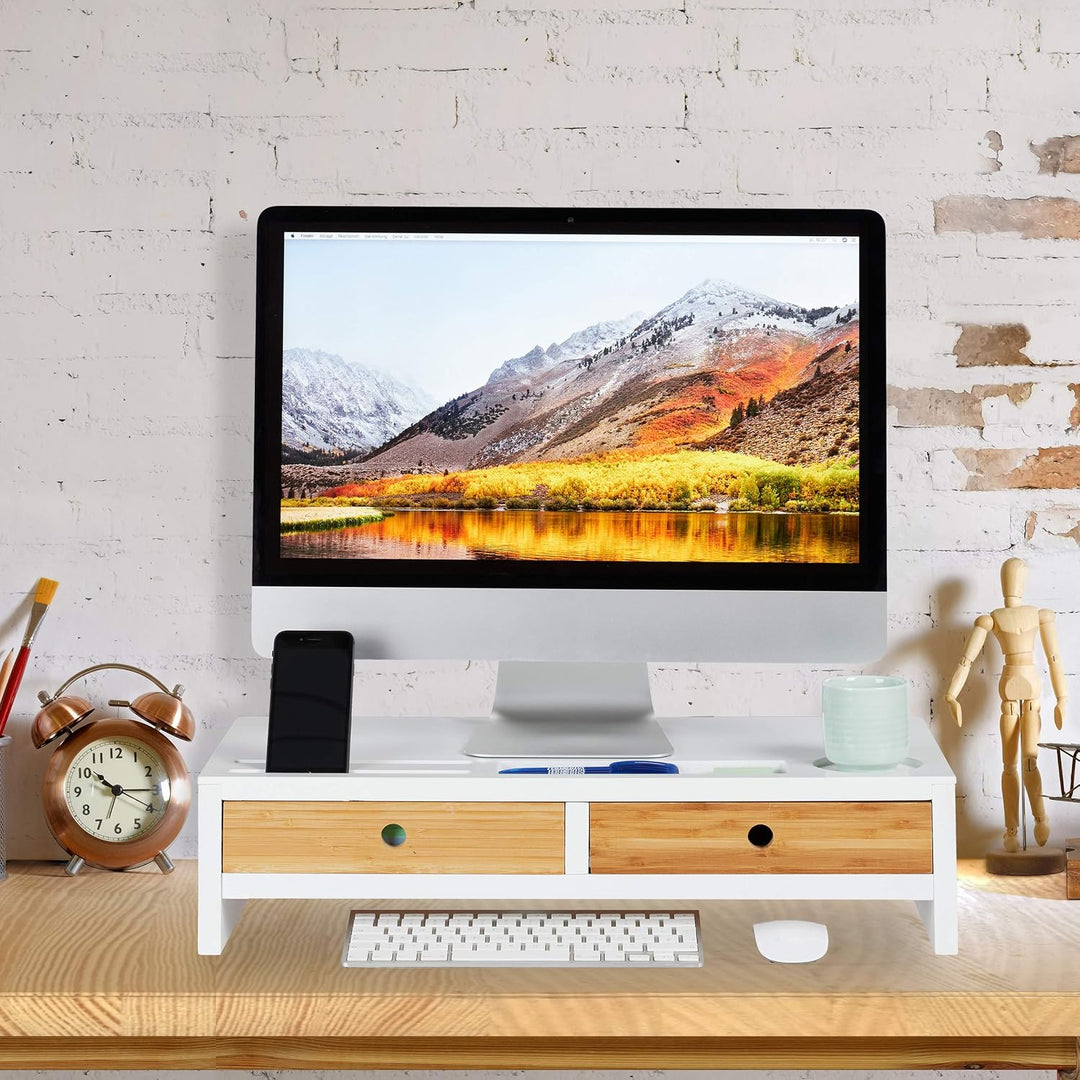 Relaxdays Monitorständer Bambus, Bildschirmerhöhung mit 2 Schubladen &amp; Fächern, Lapdesk HBT 14 x 60