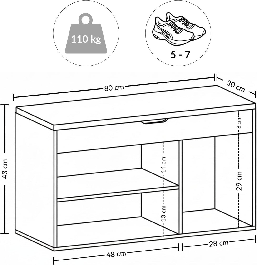 BOXIMO TRIA Schuhschrank mit Sitzbank, MDF und Polyester, 80 x 43 x 30 cm (Schwarz), Schwarz