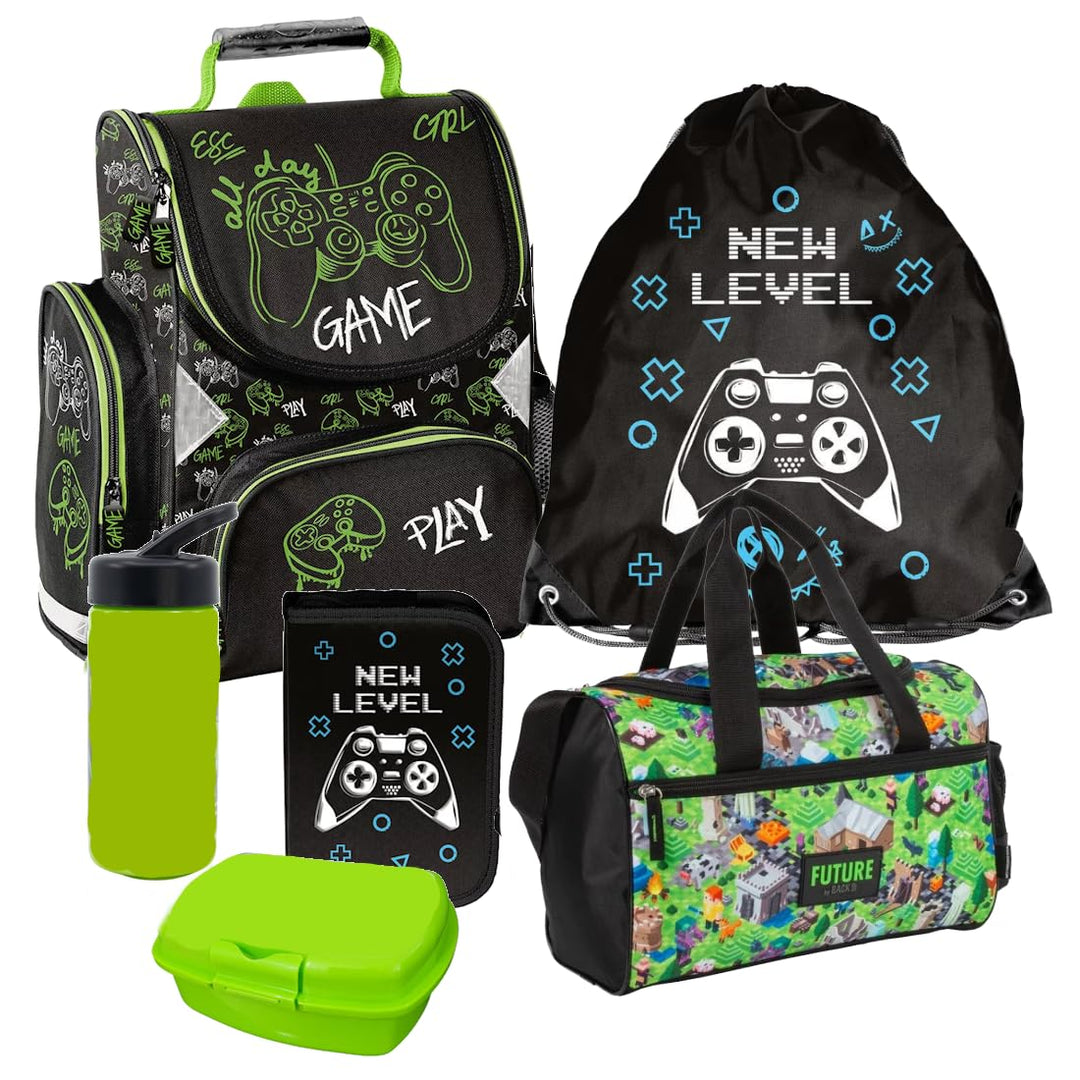 Minecraft Games Play Pixel 7 Teile Set Tornister Ranzen Schulranzen Tasche Federmappe mit Sticker-vo