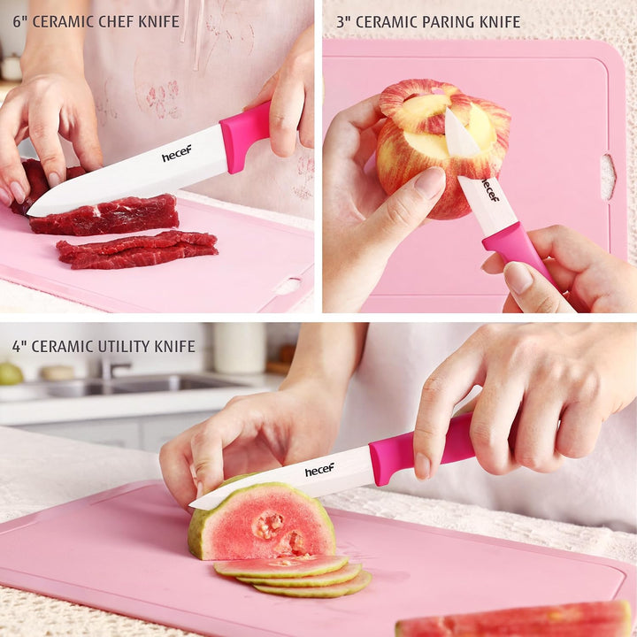 hecef Keramikmesser Set 3-teilig Rosa, Küchenmesser Set mit Schutzscheide, Rosa