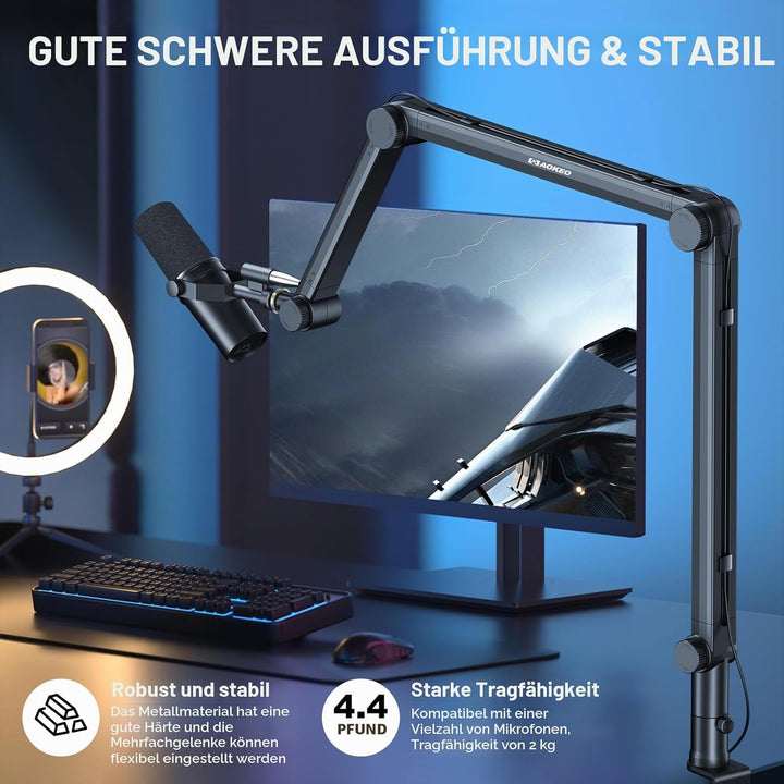 Mikrofon Arm,Aokeo AK-49 Mikrofon Ständer Arm für HyperX QuadCast,SoloCast,Elgato Wave,Shure SM7B,Bl