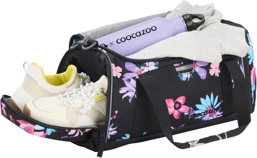 coocazoo Sporttasche „Floral Artnight“, schwarz-blau, Hauptfach, Nasswäschefach, Seitentasche, Refle