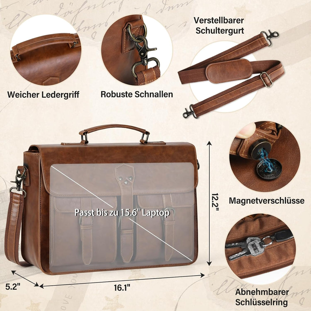RAINSMORE Aktentasche Herren Laptoptasche 15.6 Zoll Ledertasche Messenger Bag Business Arbeitstasche