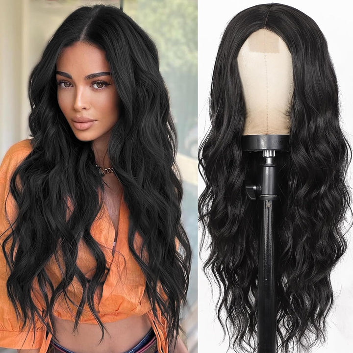 PORSMEER Lange Wellig Perücken Schwarz, 66 cm Perücke Für Frauen Afro Mittelscheitel Synthetik Haar