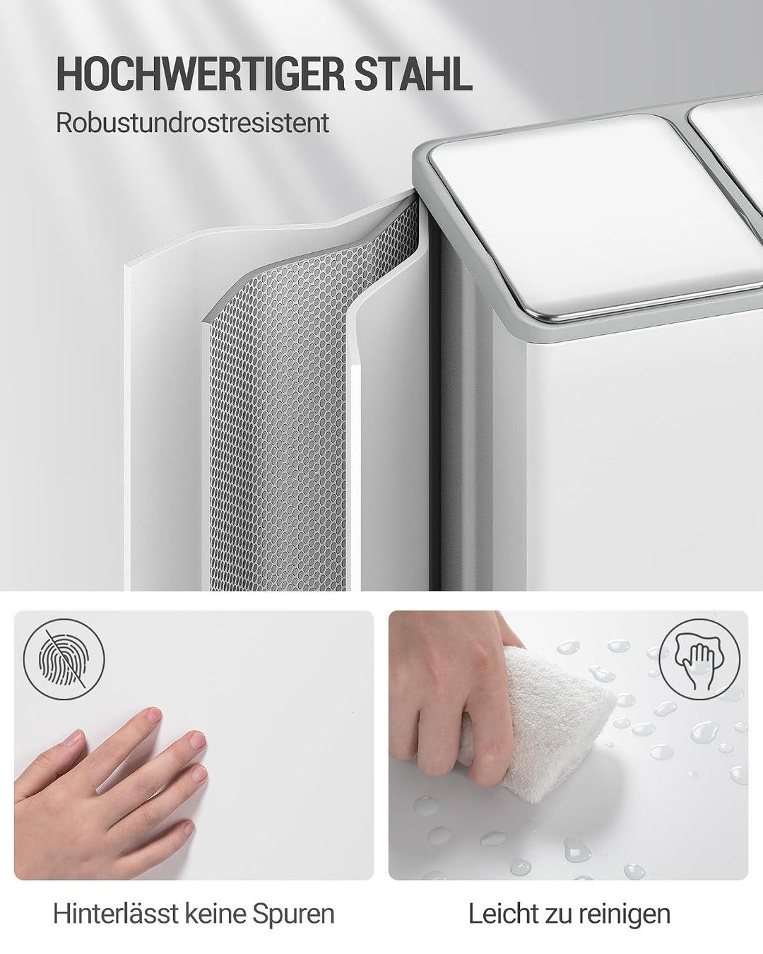 Hzuaneri Mülleimer Küche, Mülltrennsystem 3 Fächer 45L (3 x 15 L), Edelstahl-küchenmülleimer, Tretmü