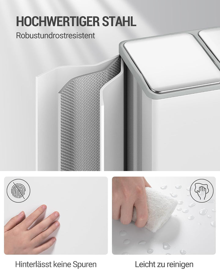 Hzuaneri Mülleimer Küche, Mülltrennsystem 3 Fächer 45L (3 x 15 L), Edelstahl-küchenmülleimer, Tretmü