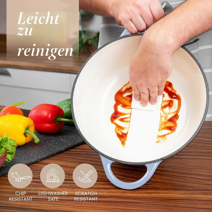 Gusseisen-Ofentopf mit Deckel – Emaille-Schmortopf mit Antihaft, Ofenfest – Küstlich Blau, 6.1 Liter