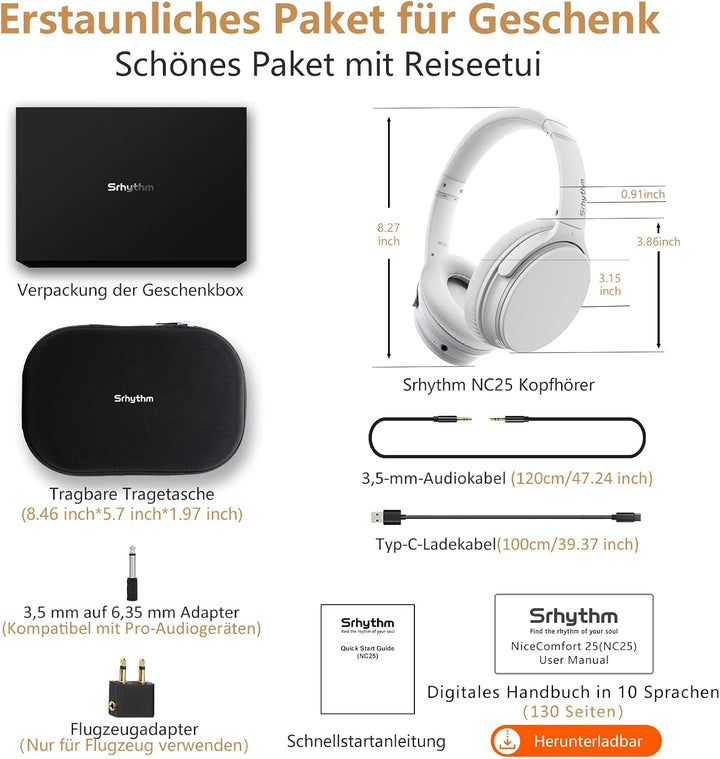 Srhythm NC25 Noise Cancelling Kopfhörer Bluetooth 5.3,Over Ear Headset mit Hi-Fi,Faltbar,Kabellos,50