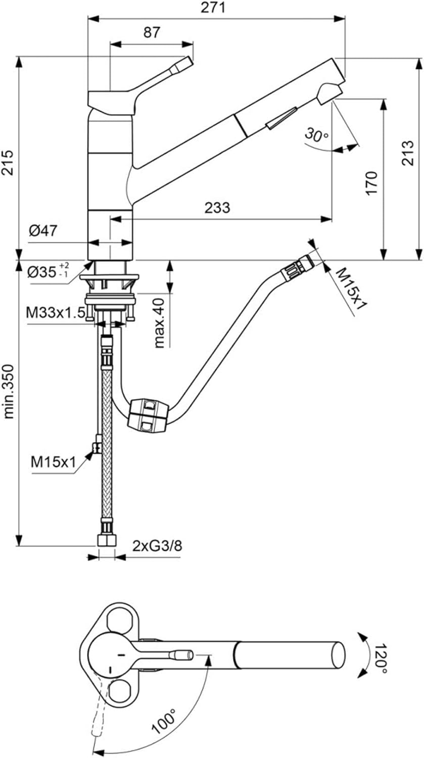 Ideal Standard BC297AA Ceralook Küchenarmatur verlängerter Sockel Handbrause ausziehbar, Handbrause