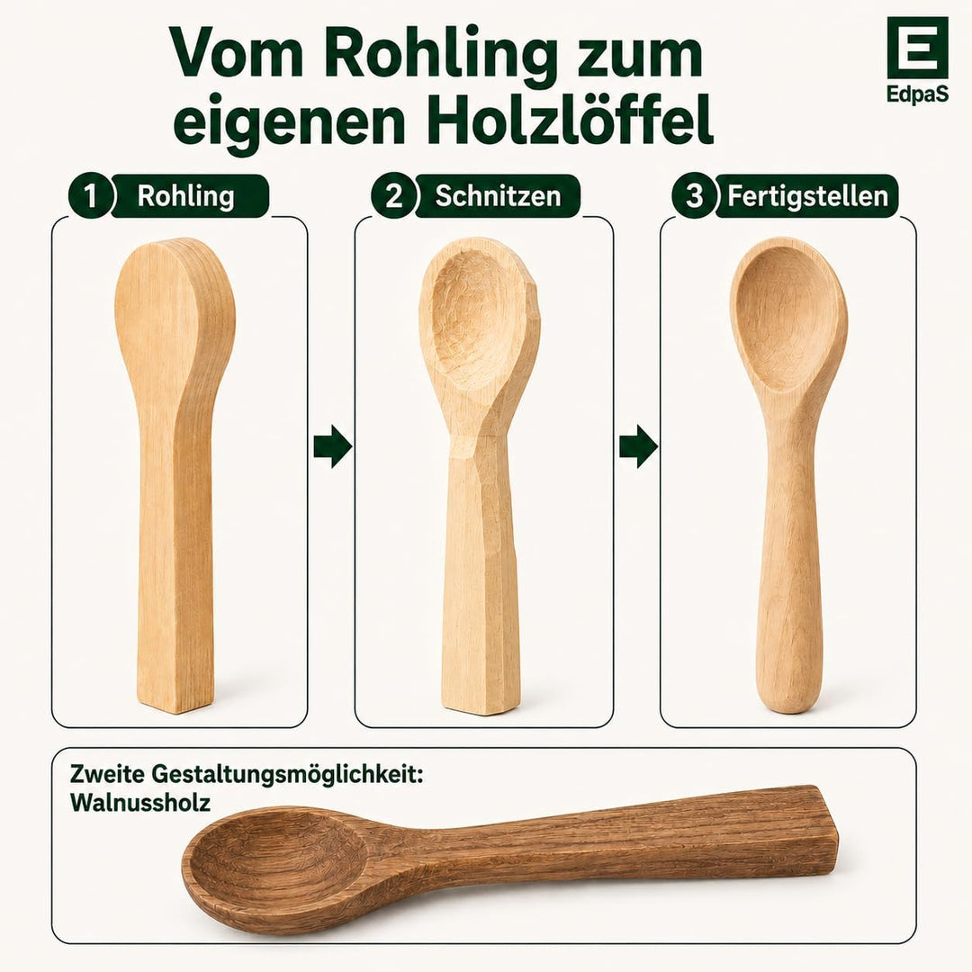 EdpaS Schnitzrohlinge Schnitzlöffel Gross aus Lindenholz – 2 Löffel-Rohlinge + 1 Kuksa-Rohling Schni