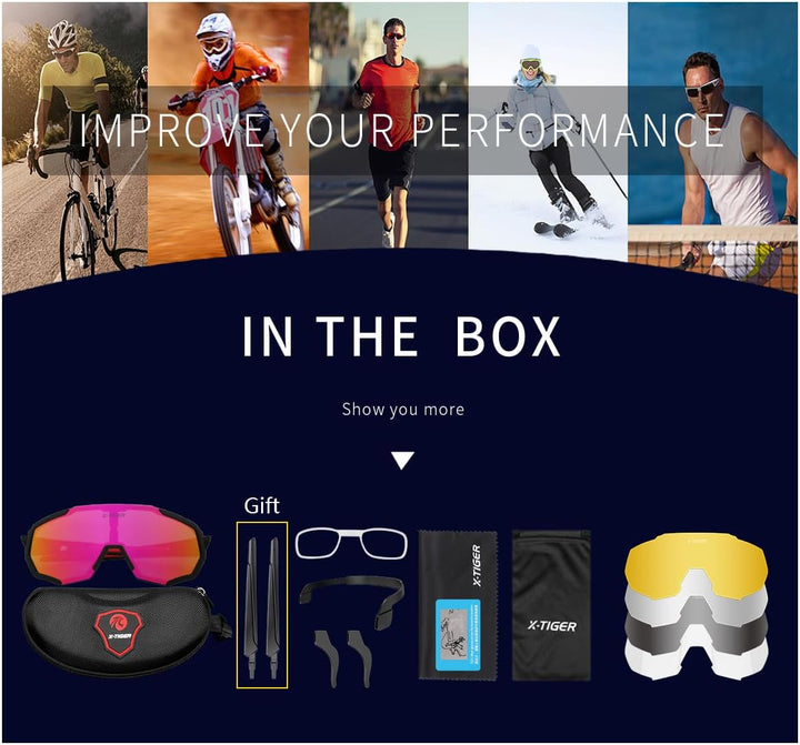 X-TIGER Fahrradbrille, Herren Damen Sportbrille, UV400 mit 5 Wechselgläser,Starker TR90 Frame, mit M