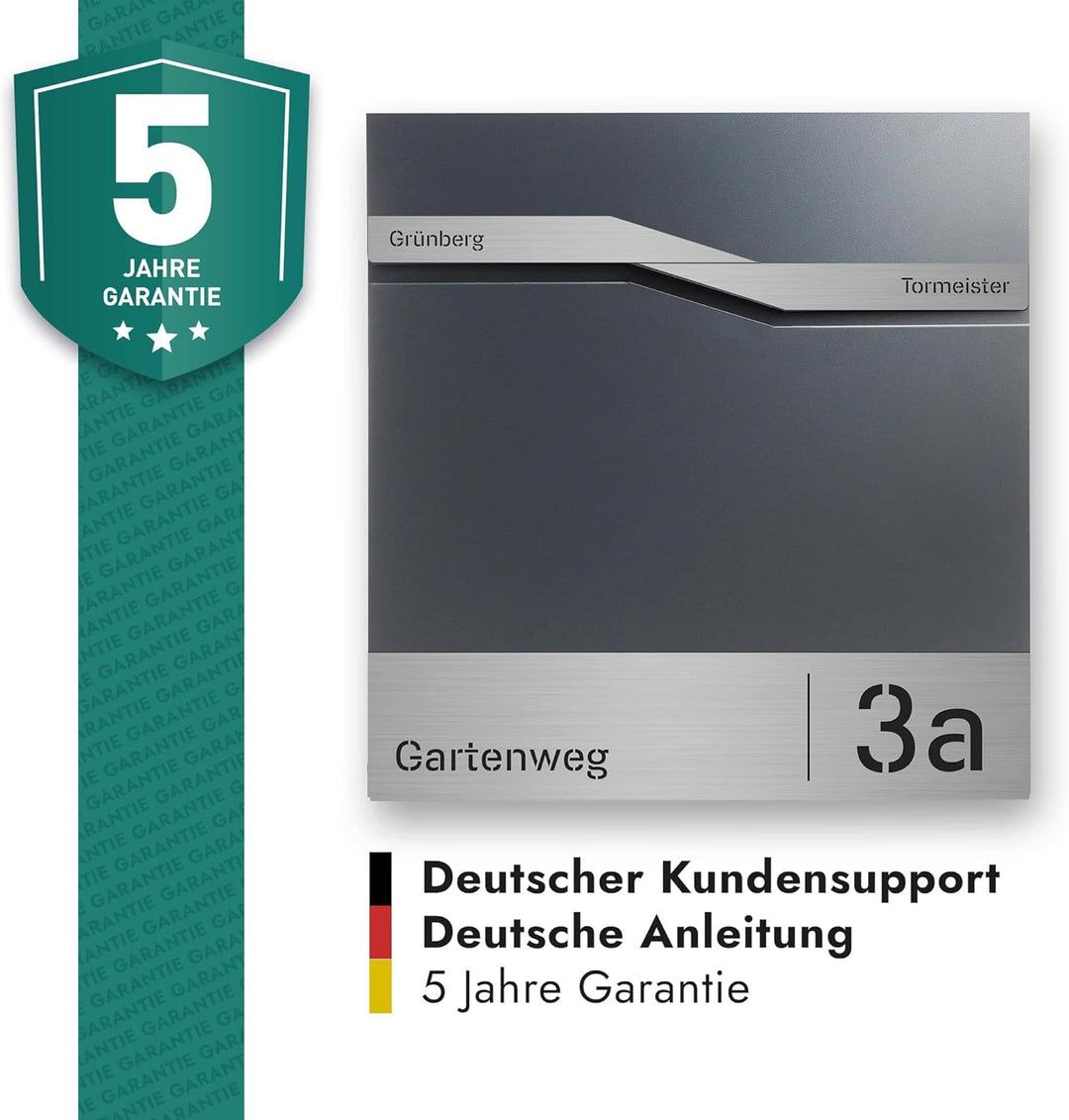 FORGARD Briefkasten Model Trelleborg Anthrazit (RAL 7016) mit Strasse, Hausnummer und 2 Namen, Zeitu