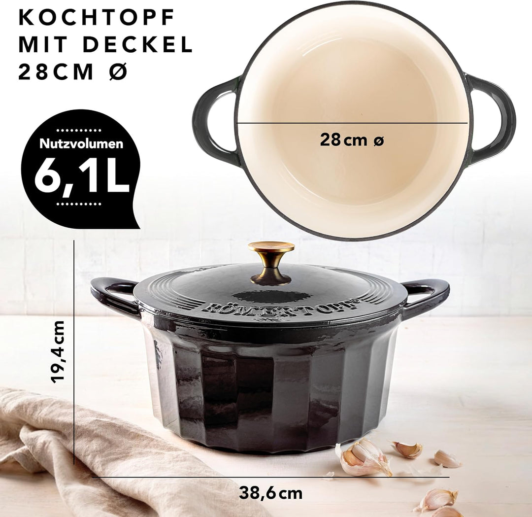 Römertopf Bräter Emaille Gusseisen Topf Schmortopf 28 cm Deckel, Anthrazit Anthrazit 28 cm, Anthrazi