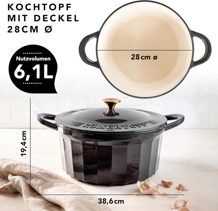 Römertopf Bräter Emaille Gusseisen Topf Schmortopf 28 cm Deckel, Anthrazit Anthrazit 28 cm, Anthrazi
