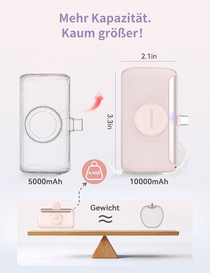 RORRY PalmGo Powerbank,10000mAh Mini Power Bank PD 22.5W Integrierter USB C Rosa, Rosa