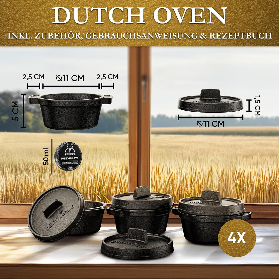 Mini Gusseisen Brotbackform Set–4x 300 ml Brotbacktopf mit Deckel–eingebrannte Mini Dutch Oven zum B