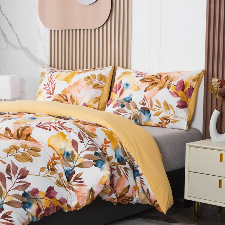 Jemiipee Blumen Bettwäsche-Set mit Frühlingsblumen und Blätter Muster, 1 x Bettbezug 200x200 cm mit
