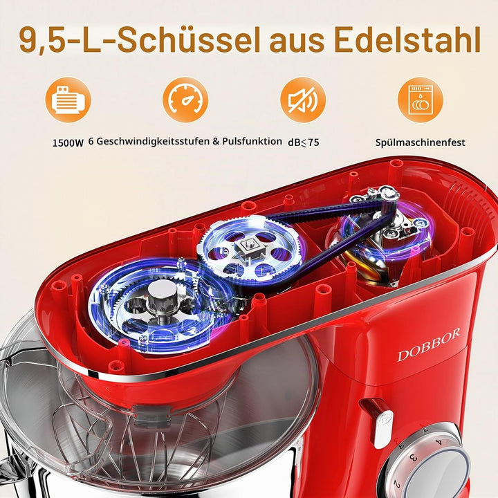 9.5L Küchenmaschine Knetmaschine 1500W, DOBBOR Rührmaschine mit Rührbesen, Knethaken, Schlagbesen, S
