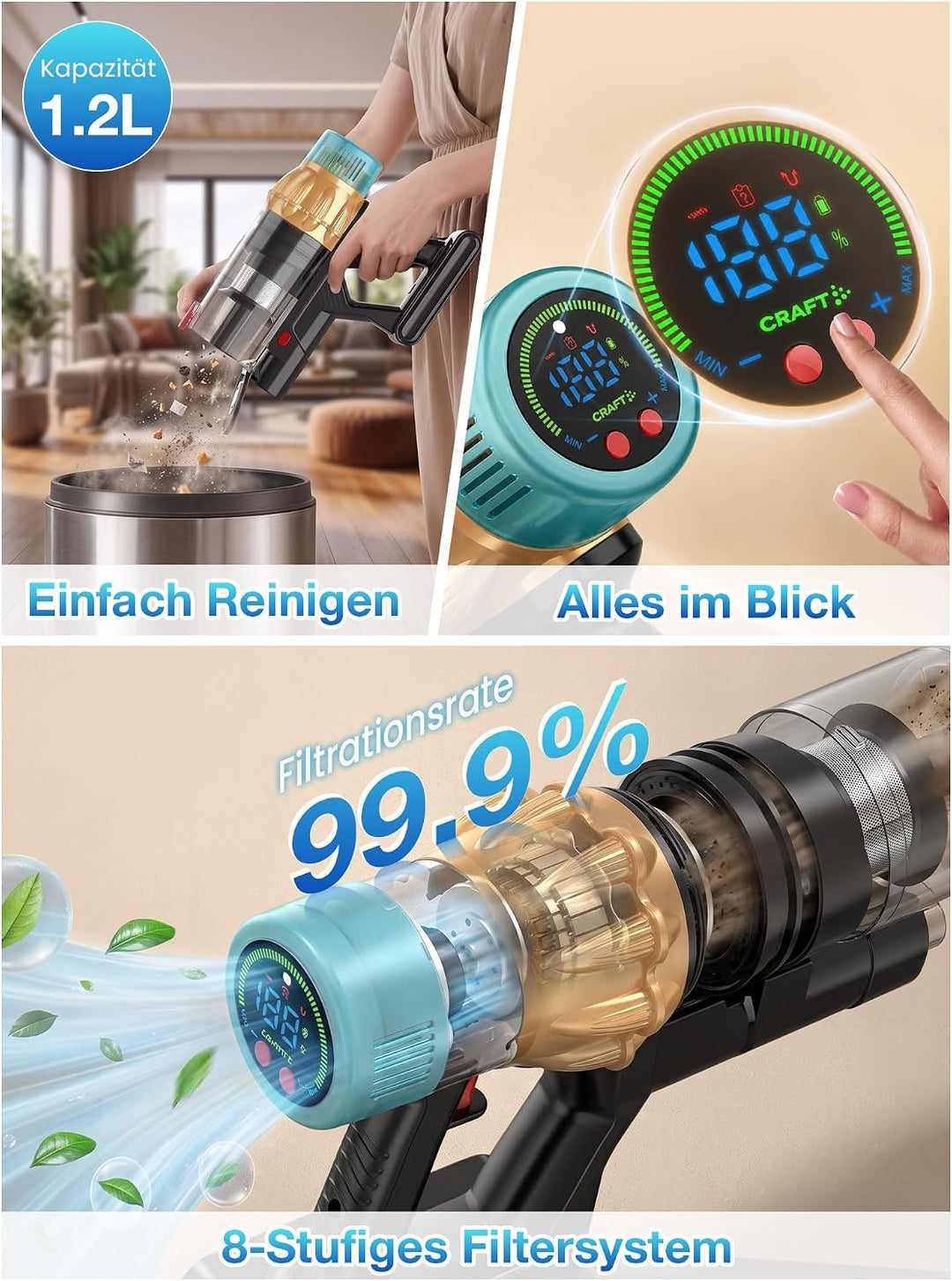 Akku Staubsauger Kabellos 650W 50KPA mit V-Anti-Tangle Bürste