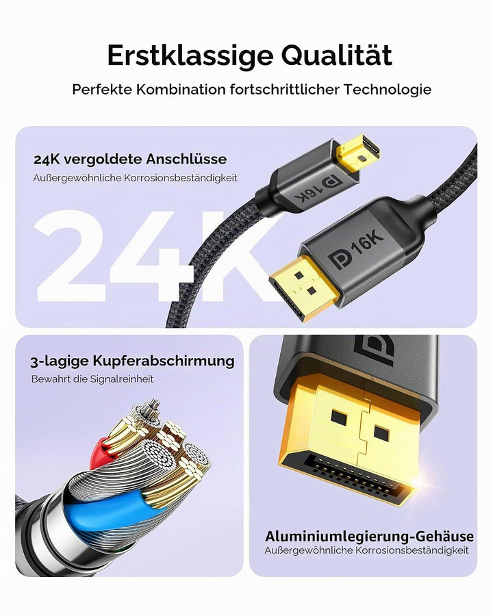 Silkland 80Gbps Mini DisplayPort auf DisplayPort Kabel 2.1, 4K@240Hz 8K@144Hz 16K@60Hz, HDR, G-Sync