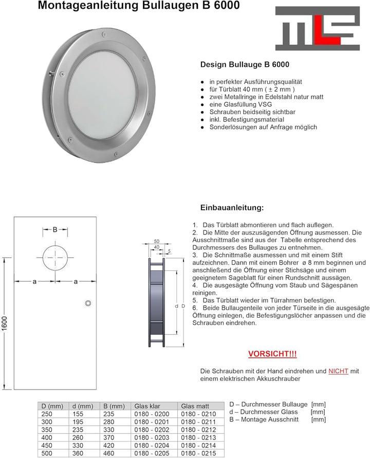 MLS Bullauge B6000 für Türen, Rostfreier Edelstahl, 350 mm, Mattes Glas 350 mm Mattes Glas, 350 mm M