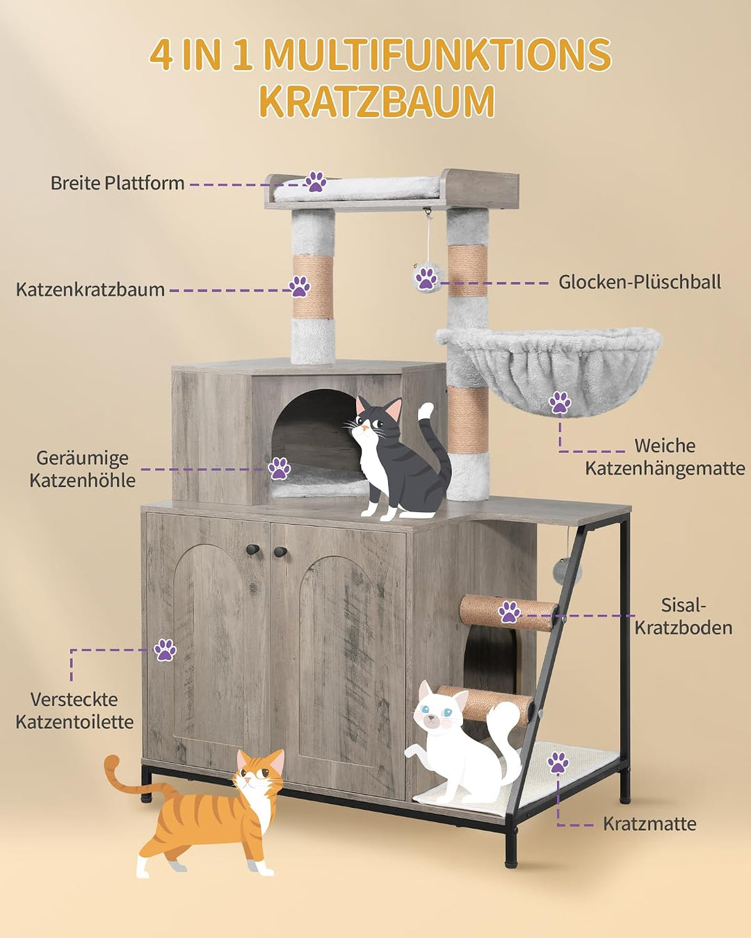 Hzuaneri Kratzbaum mit Katzenklo-Schrank, Katzenschrank, 4-in-1 Modernes Katzenhaus mit Grosser Plat