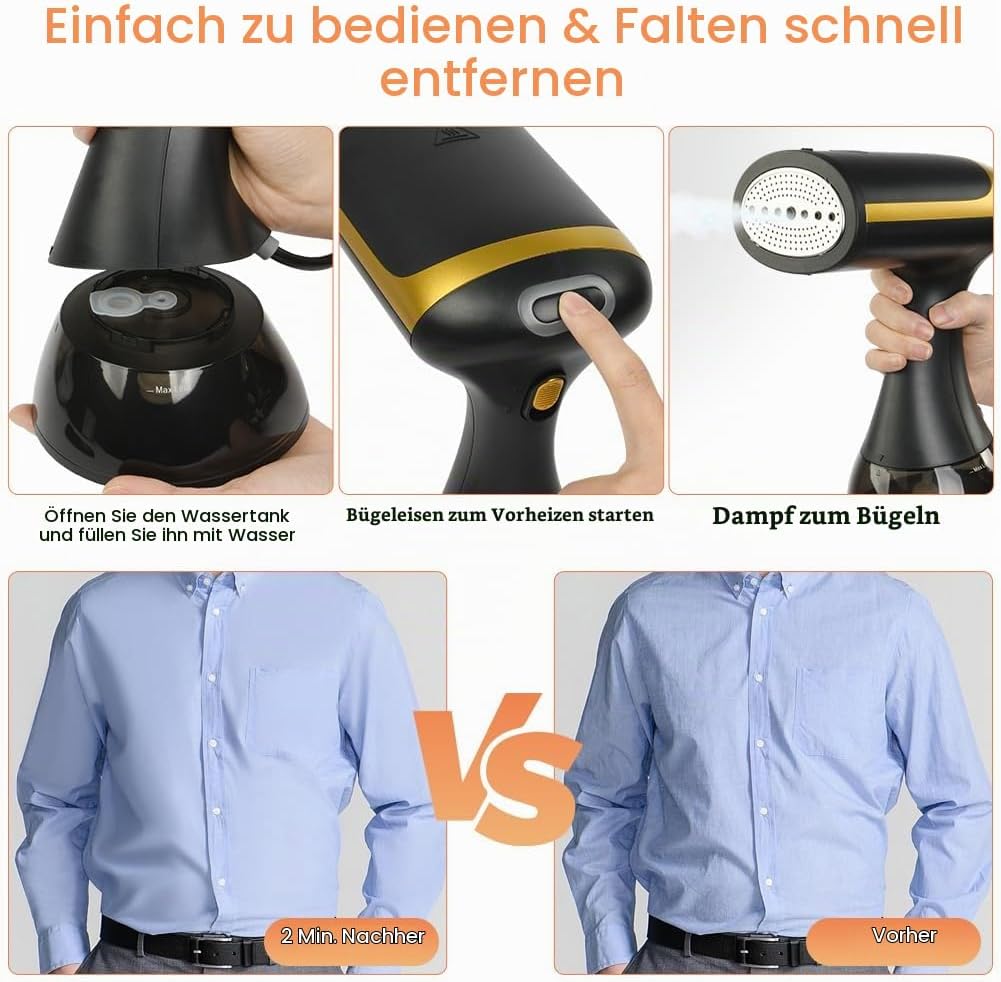 HOTUT Tragbarer Dampfglätter,1500W Dampfbürste,Steamer Dampfglätter mit 300 ml Wassertank,Hand-Dampf