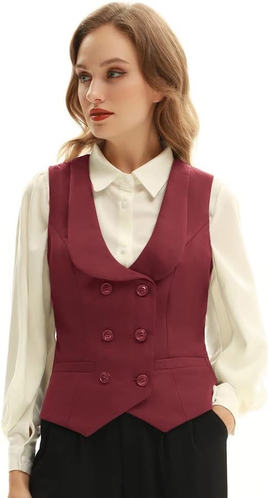 Belle Poque Damen Weste mit Gebogenes Revers V-Ausschnitt Karierte Weste mit Zwei Taschen Geometrisc