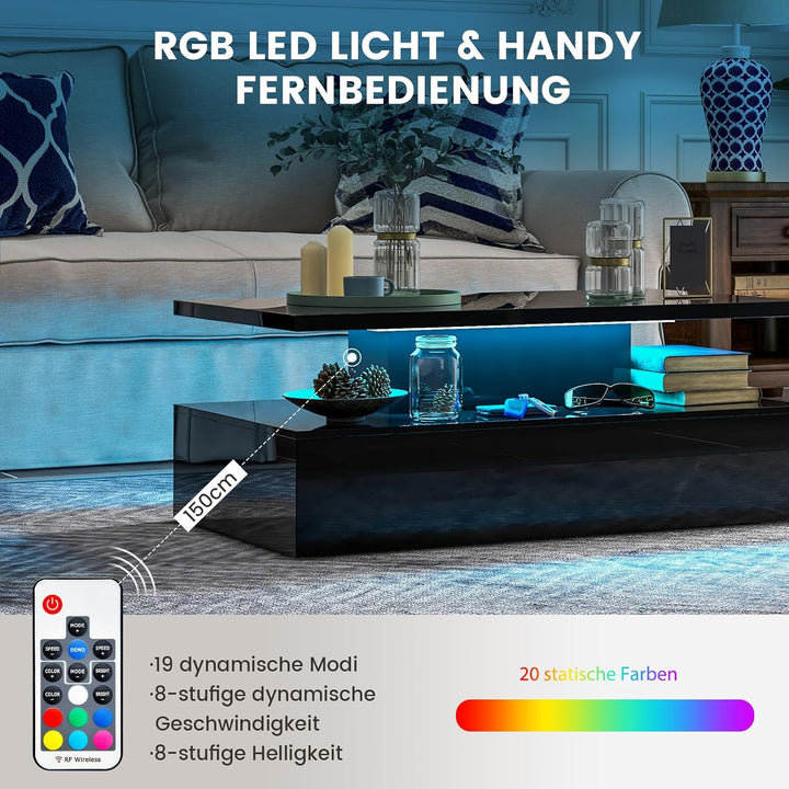 COSTWAY LED-Couchtisch Hochglanz, Wohnzimmertisch mit einstellbaren Lichtfarben &amp; Helligkeit, Fernbe
