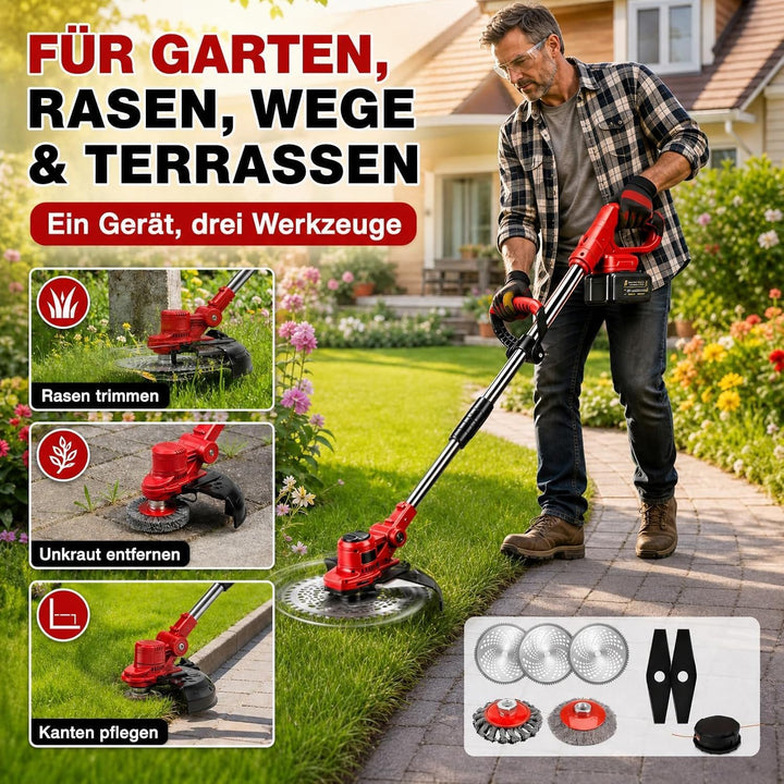 Akku Rasentrimmer mit Unkrautbürste, 21V 4,0Ah 4-in-1, Rot, Rot