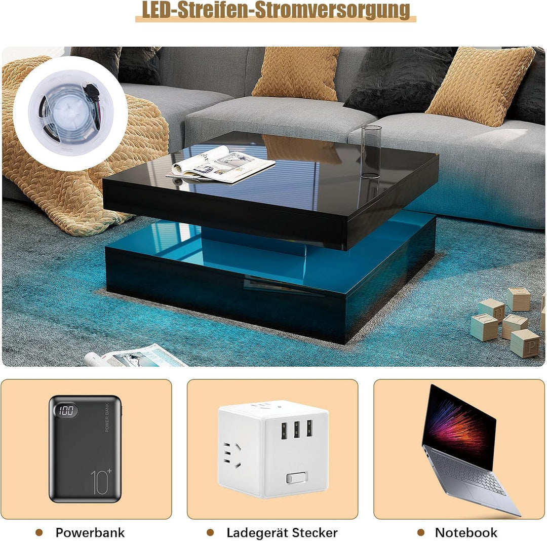 KEEPREAPER Couchtisch Wohnzimmertisch, Sofatisch mit LED Beleuchtung modern für Wohnzimmer, 78 x 78