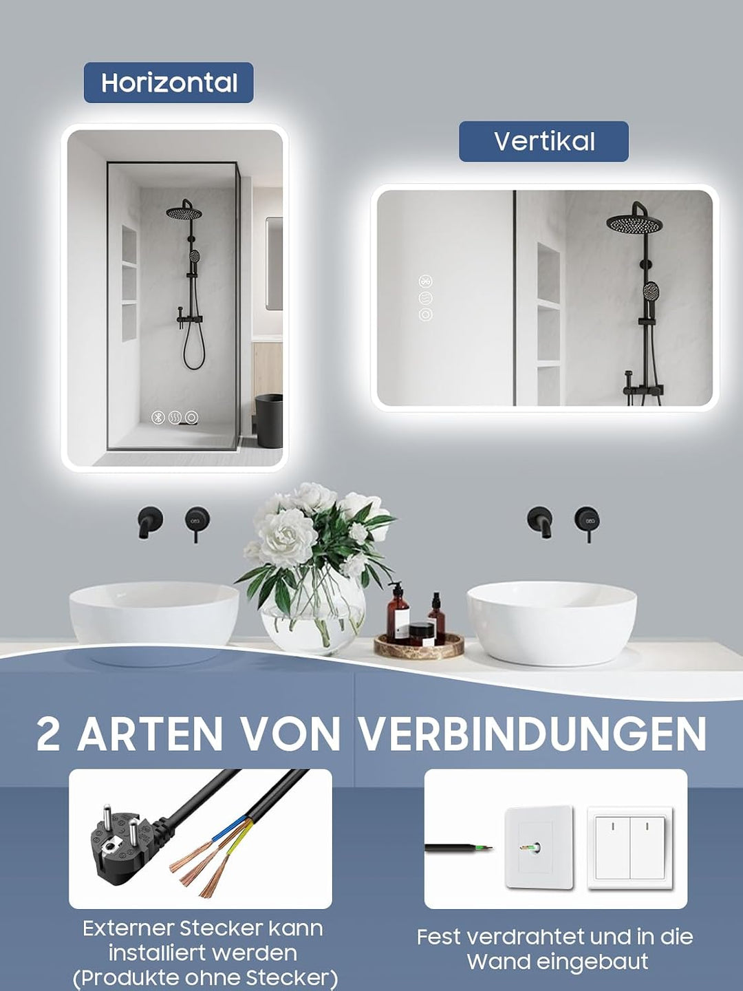 Badspiegel mit Beleuchtung,60x80cm LED Badezimmerspiegel Mit Licht und Bluetooth, Entfoggen, 3 Farbt