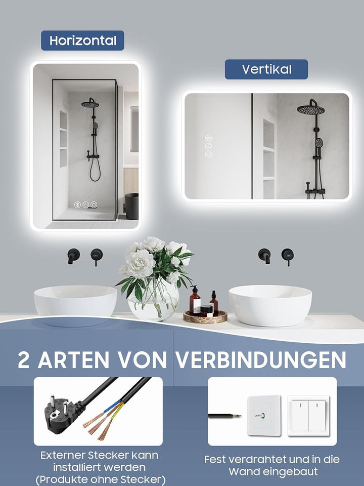Badspiegel mit Beleuchtung,60x80cm LED Badezimmerspiegel Mit Licht und Bluetooth, Entfoggen, 3 Farbt